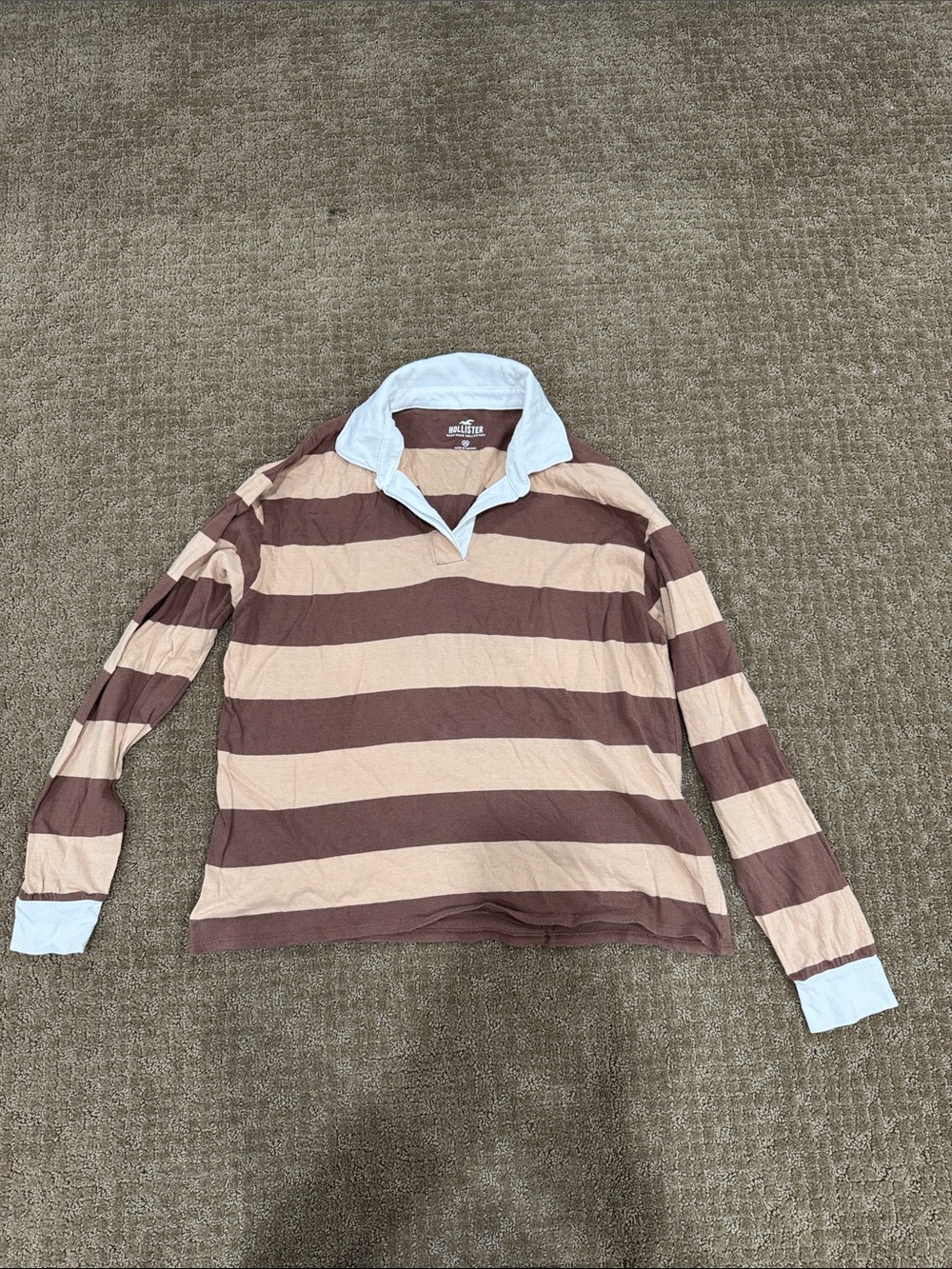 Hollister Youth Long-Sleeve Rugby Shirt in Brown & Cream with White Collar